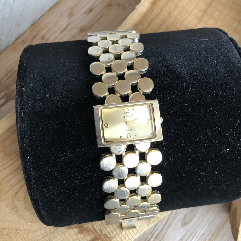 LaMode Gold Tone Watch‎ Dot Chain Wide Band 7” Quartz Modern Vintage Vibes - Picture 3 of 7